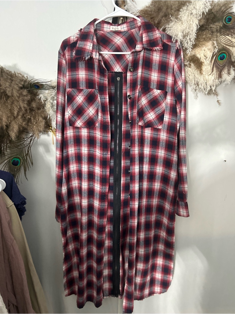 POL Plaid Long Sleeve Shirt Dress in Red, Black and White